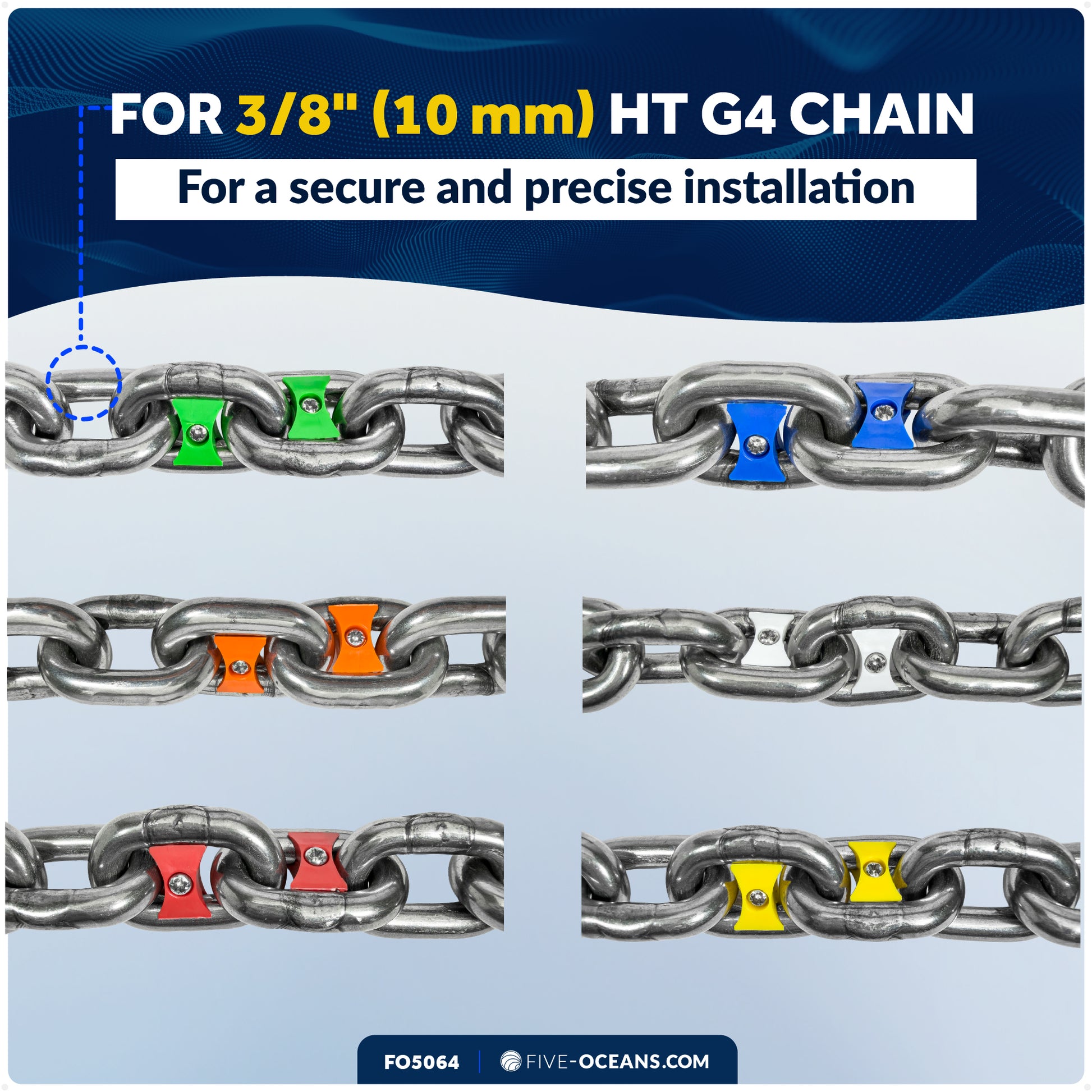 3/8" (10mm) HT G4 Anchor Windlass Chain Markers, 12-Pack, 6 Colors - FO5064 - Five Oceans