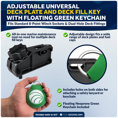 Adjustable Universal Deck Plate and Deck Fill Key with Floating Green Keychain, Fits Standard 8-Point Winch Sockets & Dual-Hole Deck Fittings, Nylon - 5068-4495-G-KIT - Five Oceans