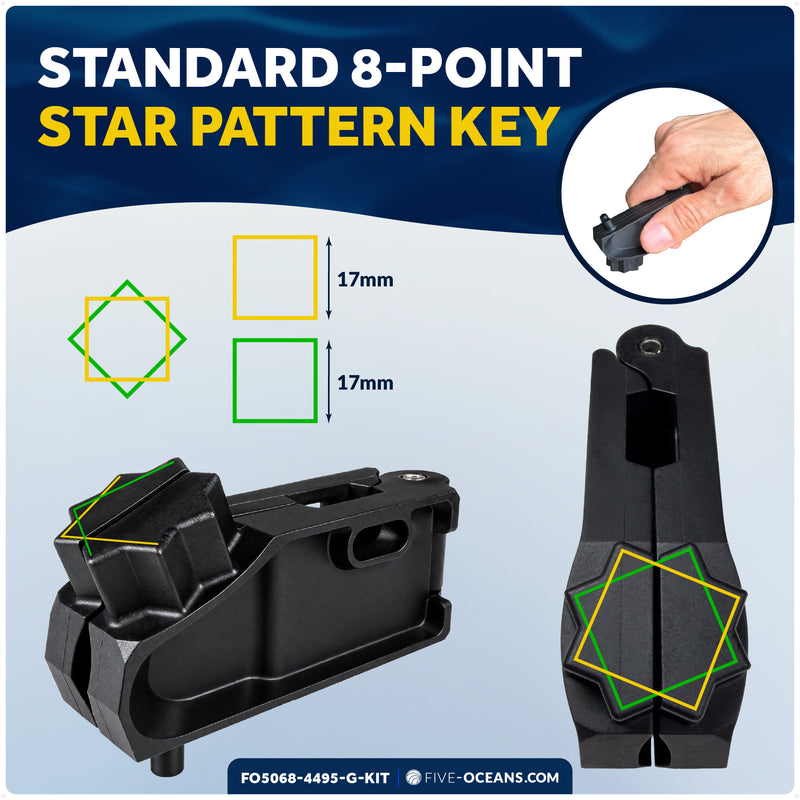 Adjustable Universal Deck Plate and Deck Fill Key with Floating Green Keychain, Fits Standard 8-Point Winch Sockets & Dual-Hole Deck Fittings, Nylon - 5068-4495-G-KIT - Five Oceans