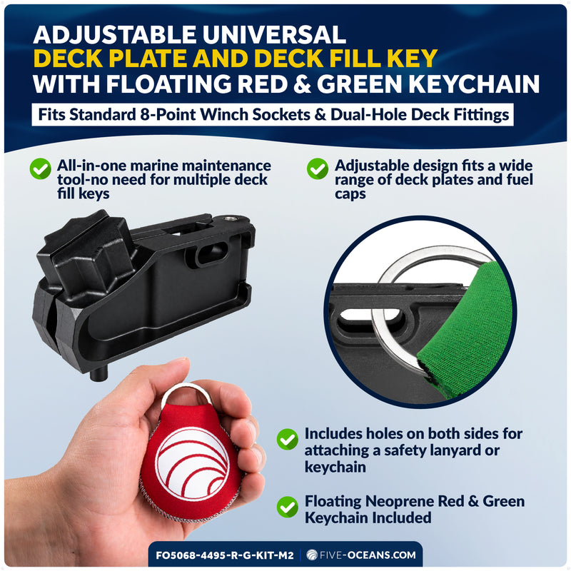 Adjustable Universal Deck Plate and Deck Fill Key with Floating Green/Red Keychain, Fits Standard 8-Point Winch Sockets & Dual-Hole Deck Fittings, Nylon, 2-Pack - 5068-4495-R-G-KIT-M2 - Five Oceans