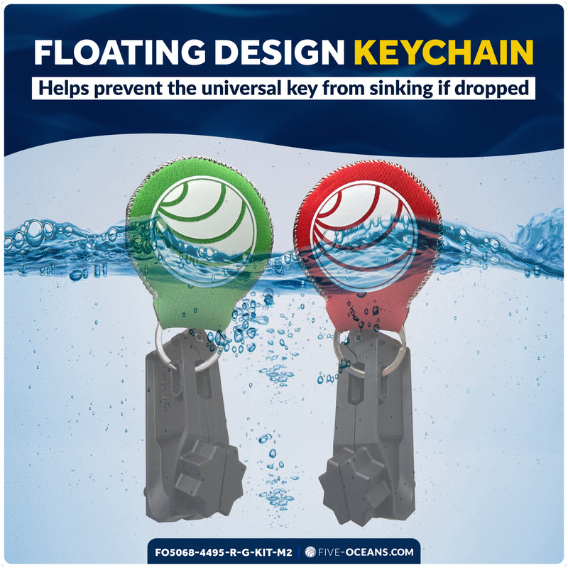 Adjustable Universal Deck Plate and Deck Fill Key with Floating Green/Red Keychain, Fits Standard 8-Point Winch Sockets & Dual-Hole Deck Fittings, Nylon, 2-Pack - 5068-4495-R-G-KIT-M2 - Five Oceans