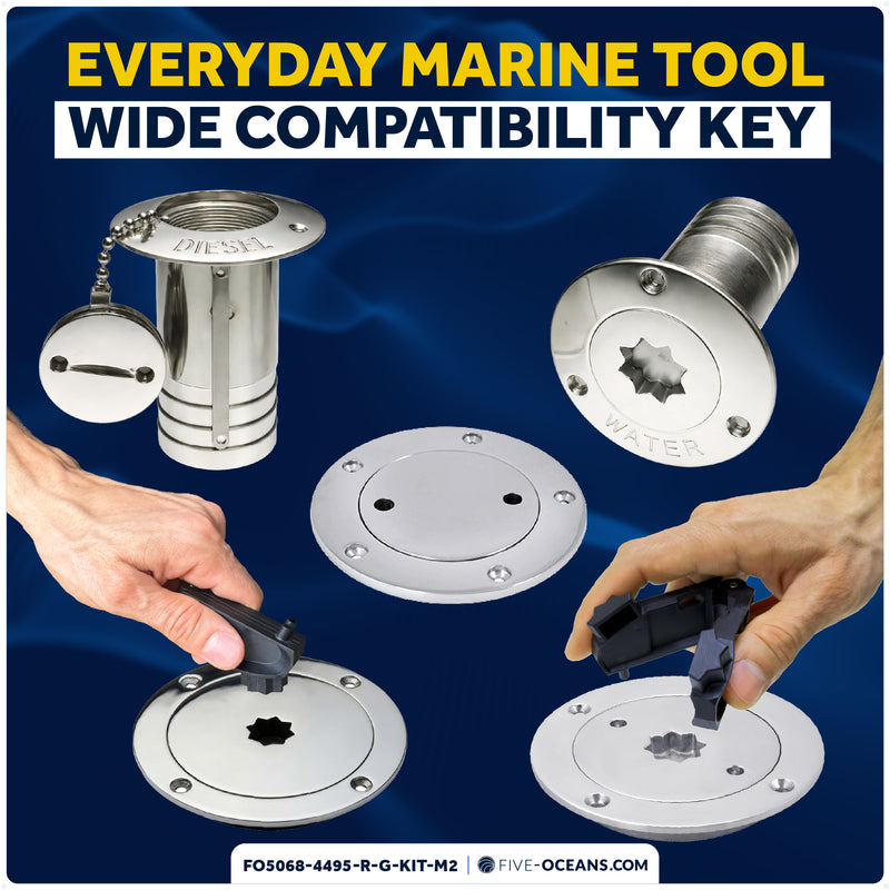 Adjustable Universal Deck Plate and Deck Fill Key with Floating Green/Red Keychain, Fits Standard 8-Point Winch Sockets & Dual-Hole Deck Fittings, Nylon, 2-Pack - 5068-4495-R-G-KIT-M2 - Five Oceans