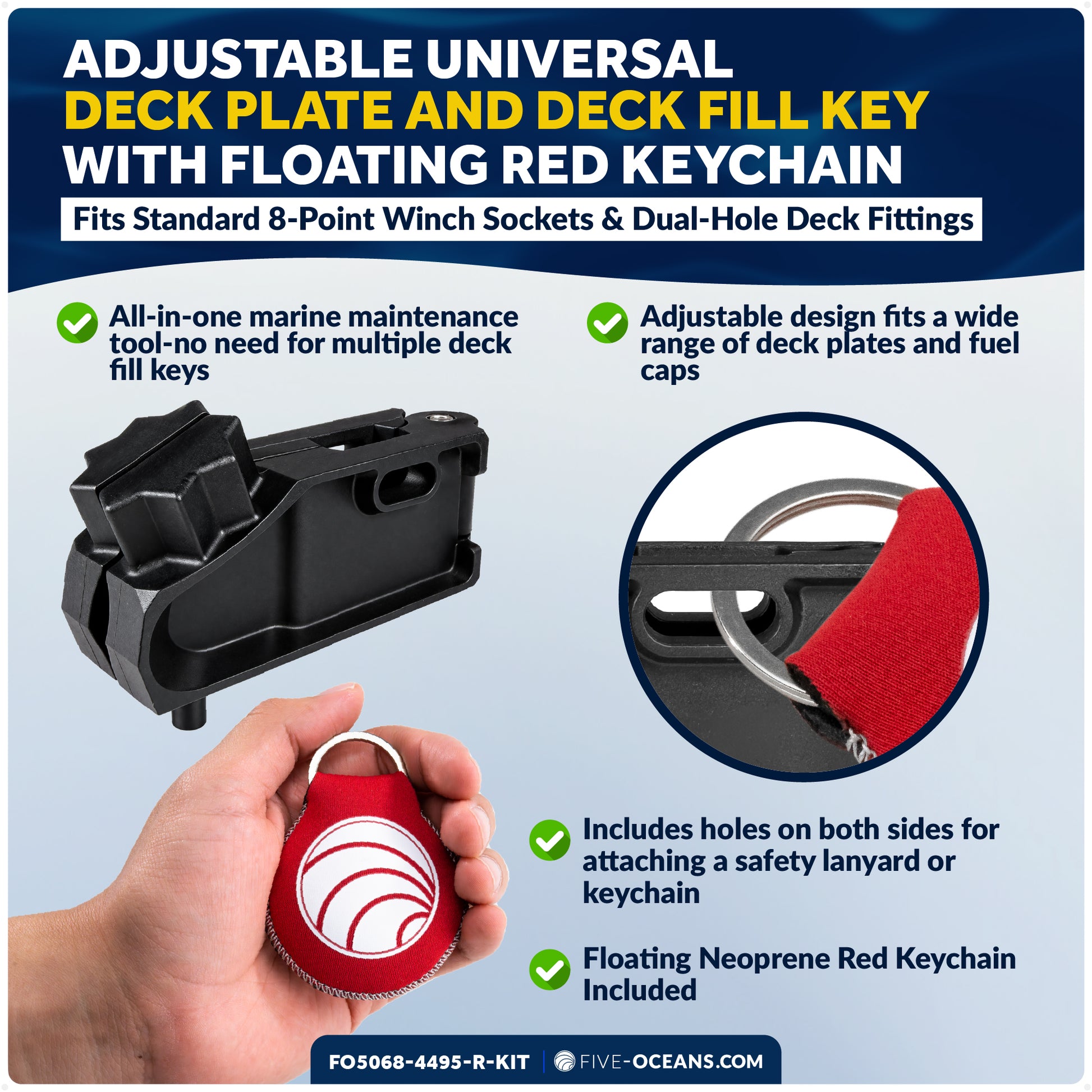Adjustable Universal Deck Plate and Deck Fill Key with Floating Red Keychain, Fits Standard 8-Point Winch Sockets & Dual-Hole Deck Fittings, Nylon - 5068-4495-R-KIT - Five Oceans