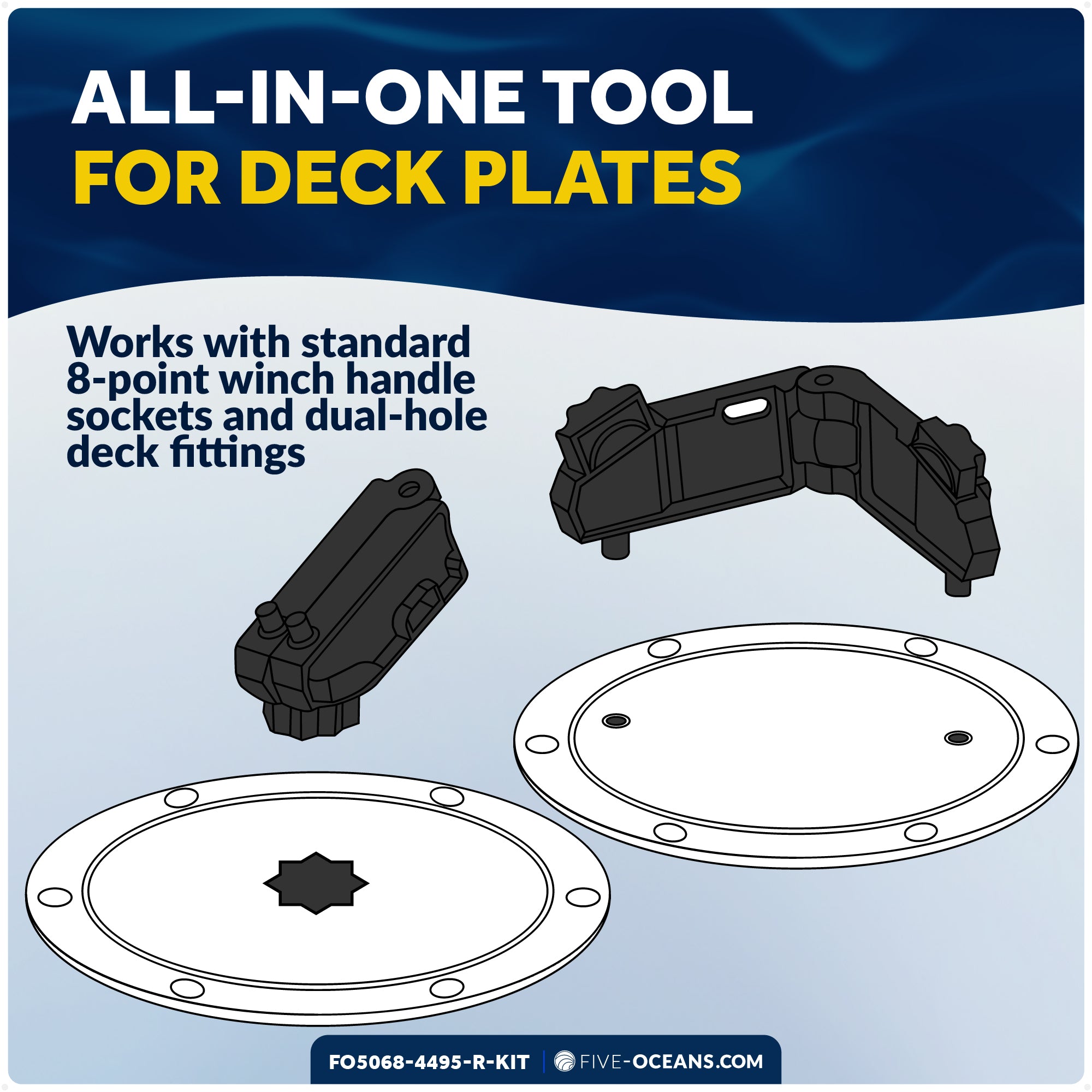 Adjustable Universal Deck Plate and Deck Fill Key with Floating Red Keychain, Fits Standard 8-Point Winch Sockets & Dual-Hole Deck Fittings, Nylon - 5068-4495-R-KIT - Five Oceans