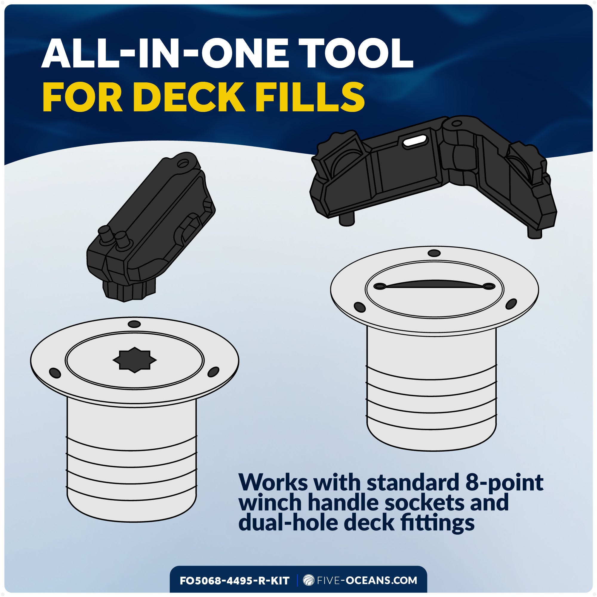 Adjustable Universal Deck Plate and Deck Fill Key with Floating Red Keychain, Fits Standard 8-Point Winch Sockets & Dual-Hole Deck Fittings, Nylon - 5068-4495-R-KIT - Five Oceans