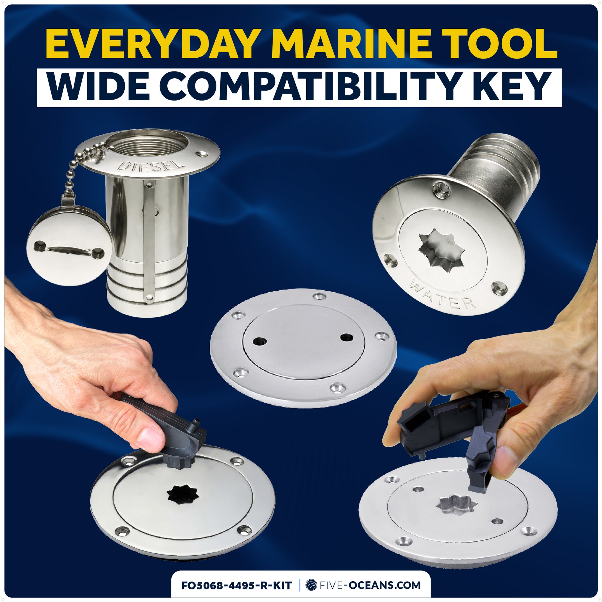 Adjustable Universal Deck Plate and Deck Fill Key with Floating Red Keychain, Fits Standard 8-Point Winch Sockets & Dual-Hole Deck Fittings, Nylon - 5068-4495-R-KIT - Five Oceans