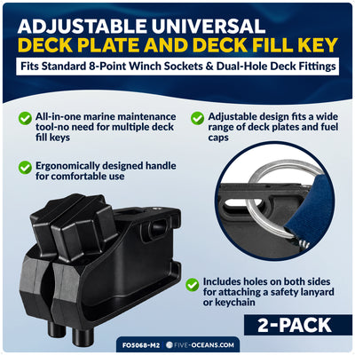 Adjustable Universal Deck Plate and Deck Fill Key, Fits Standard 8-Point Winch Sockets & Dual-Hole Deck Fittings, Nylon, 2-Pack - FO5068-M2 - Five Oceans