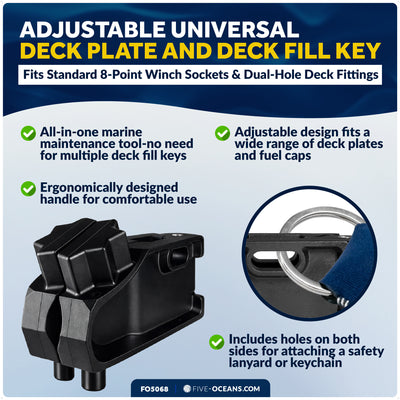 Adjustable Universal Deck Plate and Deck Fill Key, Fits Standard 8-Point Winch Sockets & Dual-Hole Deck Fittings, Nylon - FO5068 - Five Oceans