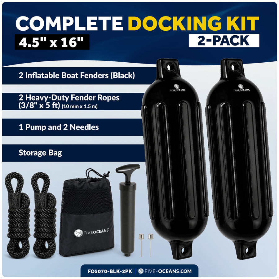 4.5" x 16" Inflatable Boat Fender, Marine-Grade PVC - Black, 2-Pack - Five Oceans