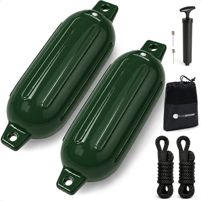 4.5" x 16" Inflatable Boat Fender, Marine-Grade PVC - Green, 2-Pack