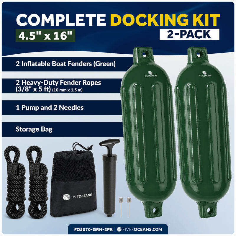 4.5" x 16" Inflatable Boat Fender, Marine-Grade PVC - Green, 2-Pack