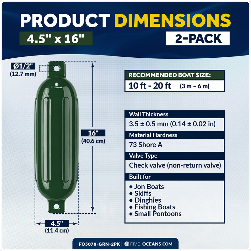 4.5" x 16" Inflatable Boat Fender, Marine-Grade PVC - Green, 2-Pack