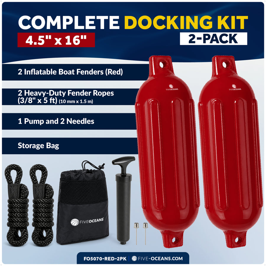 4.5" x 16" Inflatable Boat Fender, Marine-Grade PVC - Red, 2-Pack - Five Oceans