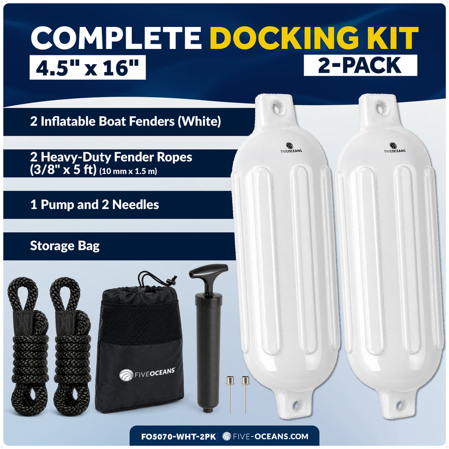 4.5" x 16" Inflatable Boat Fender, Marine-Grade PVC - White, 2-Pack - Five Oceans