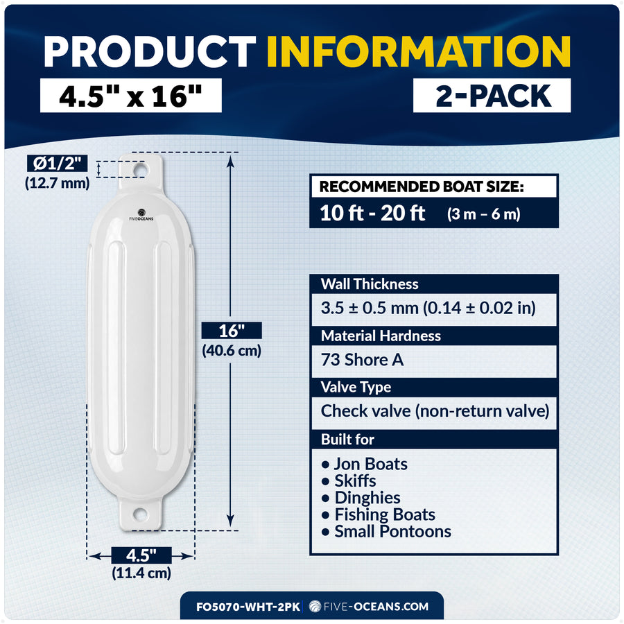 4.5" x 16" Inflatable Boat Fender, Marine-Grade PVC - White, 2-Pack - Five Oceans