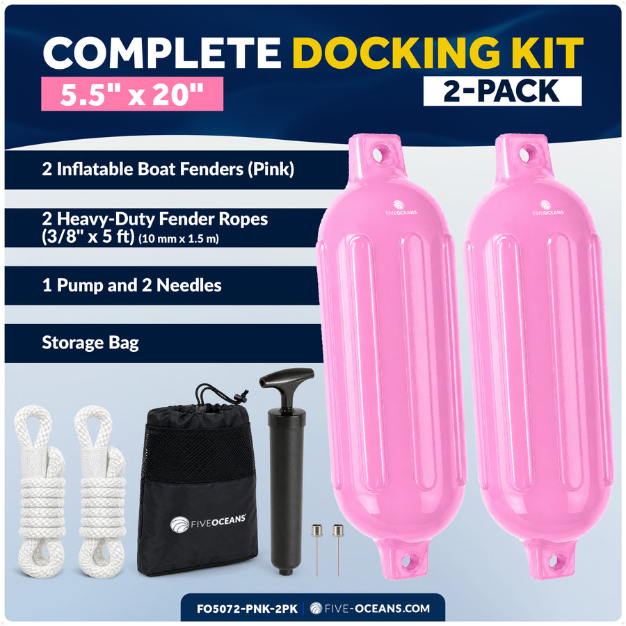 5.5" x 20" Inflatable Boat Fender, Marine-Grade PVC - Pink, 2-Pack - Five Oceans