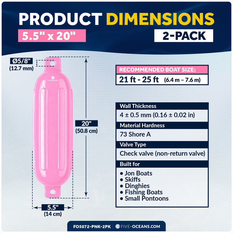 5.5" x 20" Inflatable Boat Fender, Marine-Grade PVC - Pink, 2-Pack - Five Oceans
