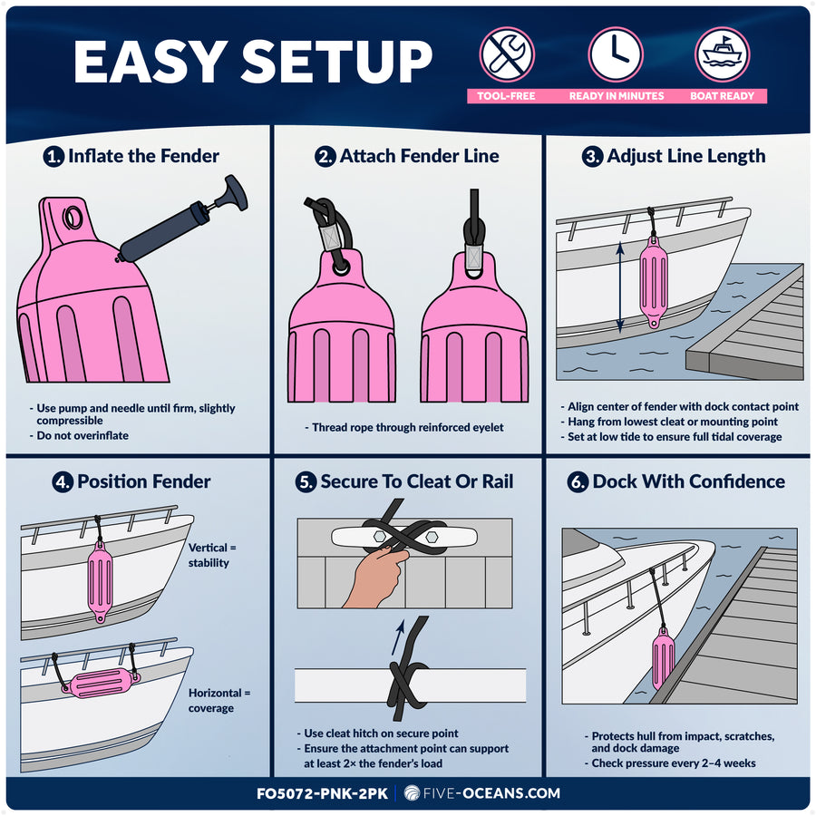 5.5" x 20" Inflatable Boat Fender, Marine-Grade PVC - Pink, 2-Pack - Five Oceans