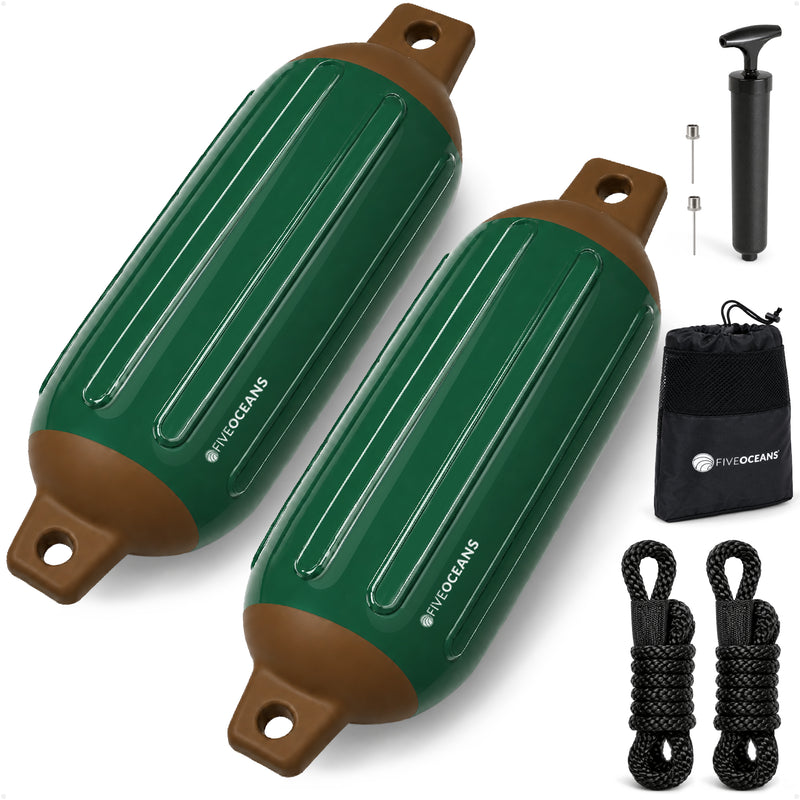 Inflatable Boat Fender, Marine Vinyl - Green/Brown, 2-Pack - Pro Fender Series