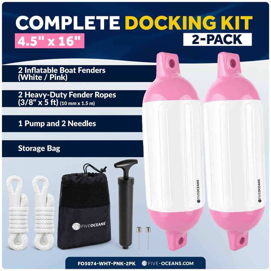 4.5" x 16" Inflatable Boat Fender, Marine-Grade PVC - White/Pink, 2-Pack - Five Oceans