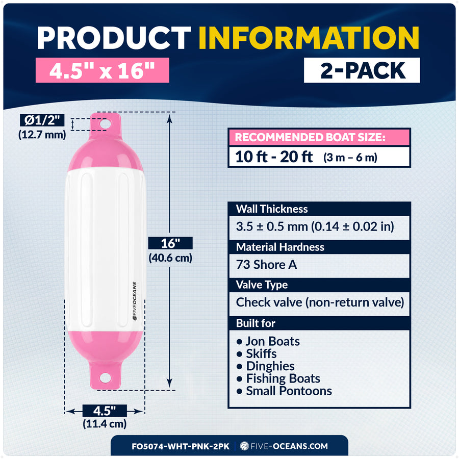 4.5" x 16" Inflatable Boat Fender, Marine-Grade PVC - White/Pink, 2-Pack - Five Oceans
