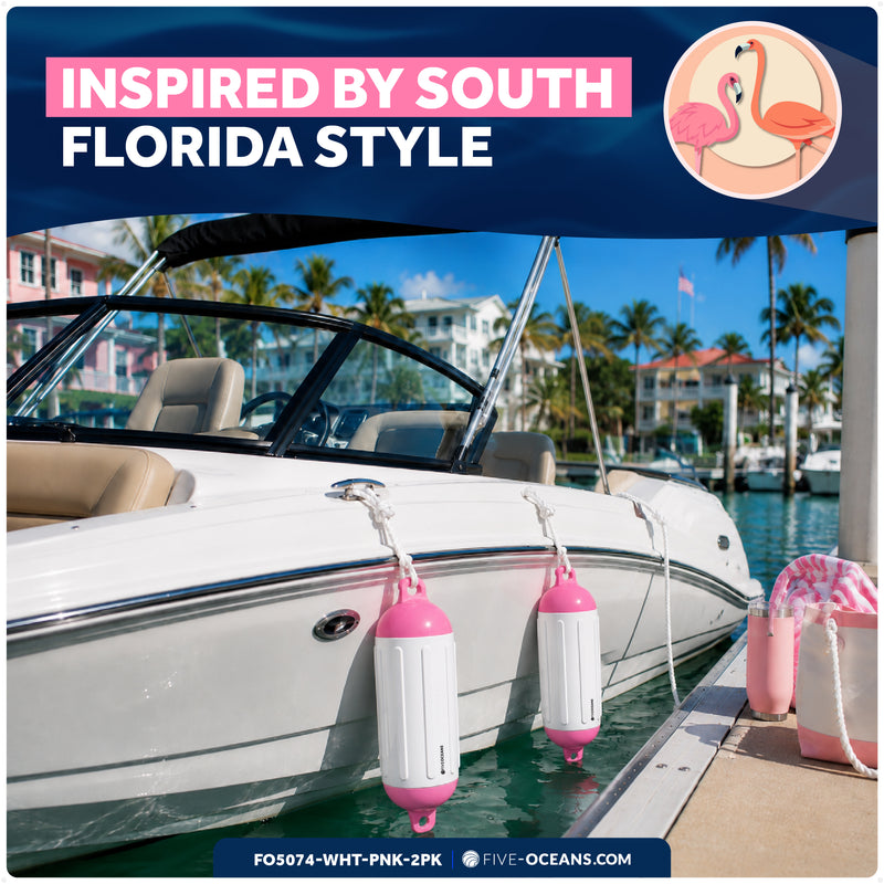 4.5" x 16" Inflatable Boat Fender, Marine-Grade PVC - White/Pink, 2-Pack