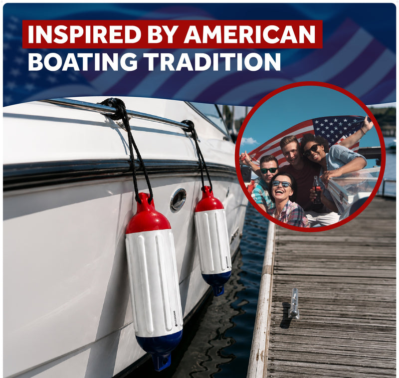 Inflatable Boat Fender, Marine Vinyl - White/Red/Blue, 2-Pack - Pro Fender Series