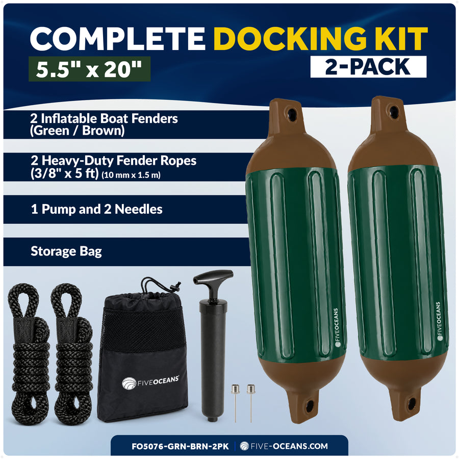 5.5" x 20" Inflatable Boat Fender, Marine-Grade PVC - Green/Brown, 2-Pack - Five Oceans