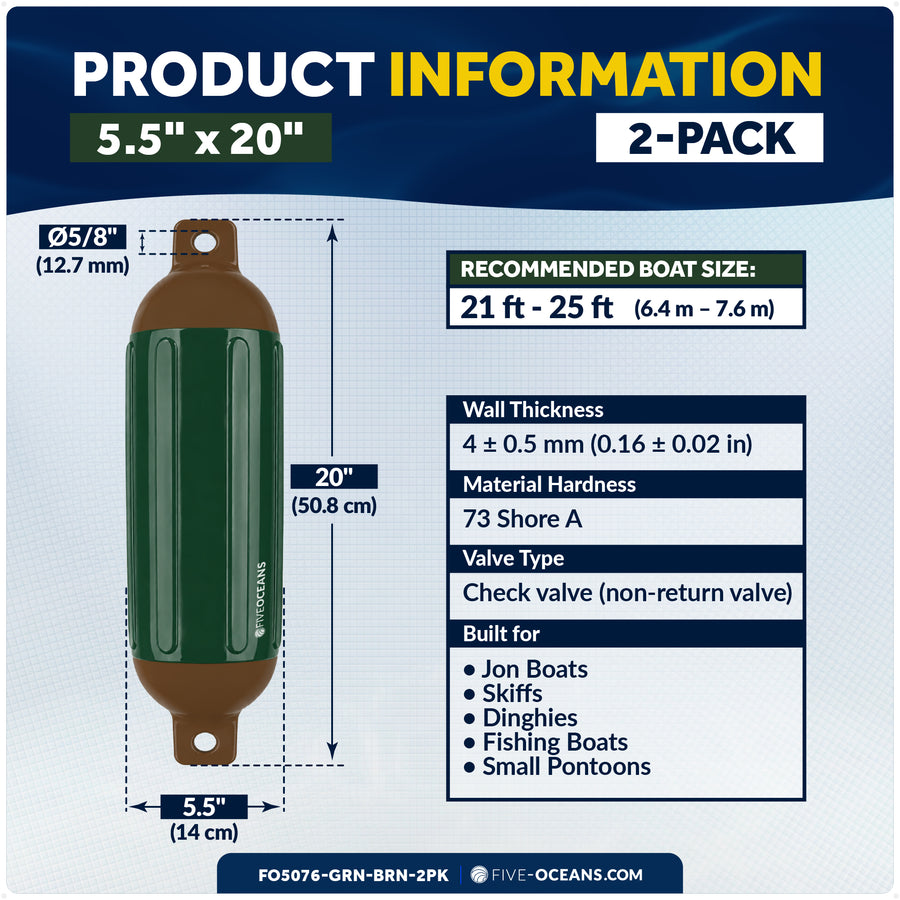 5.5" x 20" Inflatable Boat Fender, Marine-Grade PVC - Green/Brown, 2-Pack - Five Oceans