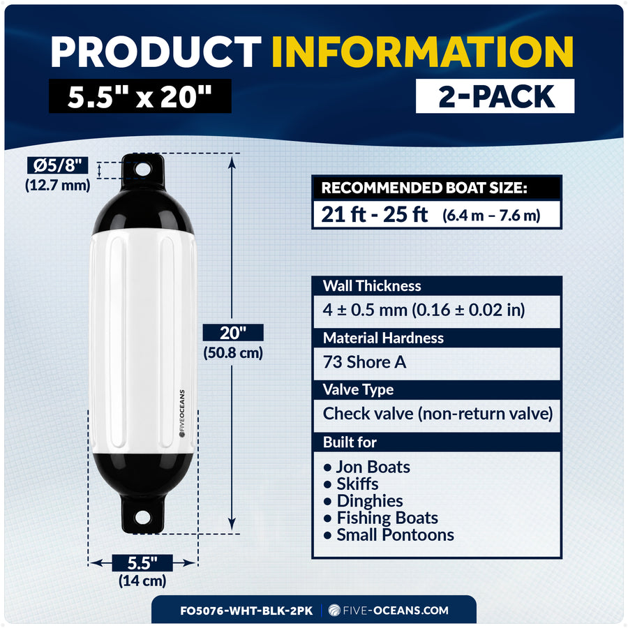5.5" x 20" Inflatable Boat Fender, Marine-Grade PVC - White/Black, 2-Pack - Five Oceans