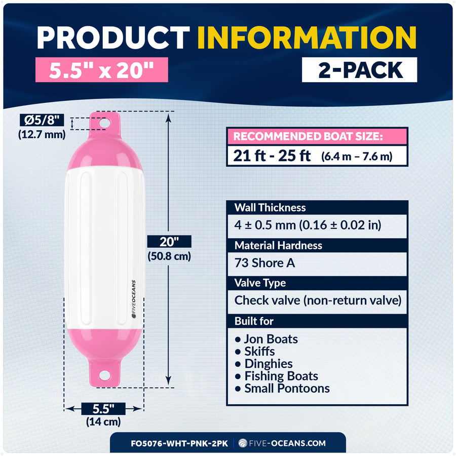 5.5" x 20" Inflatable Boat Fender, Marine-Grade PVC - White/Pink, 2-Pack - Five Oceans