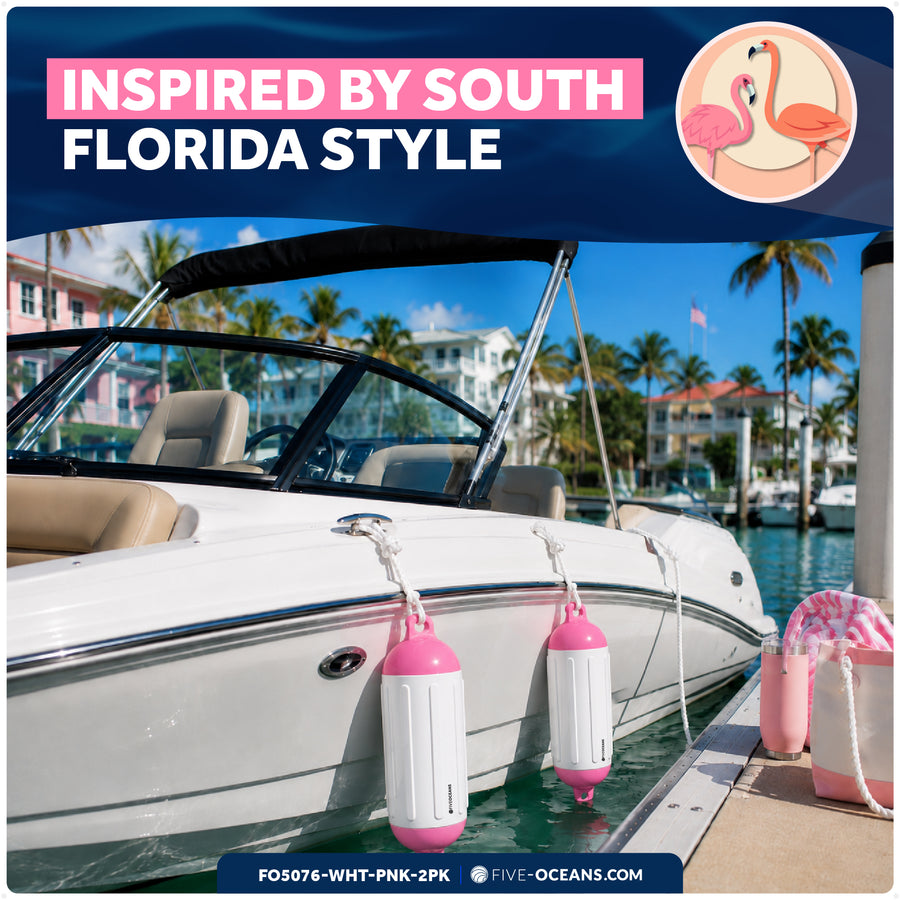 5.5" x 20" Inflatable Boat Fender, Marine-Grade PVC - White/Pink, 2-Pack - Five Oceans
