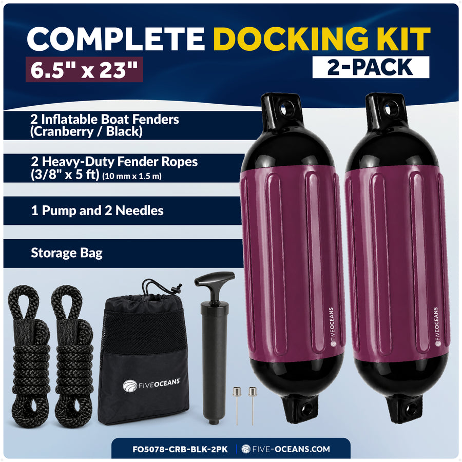 6.5" x 23" Inflatable Boat Fender, Marine-Grade PVC - Cranberry/Black, 2-Pack - Five Oceans