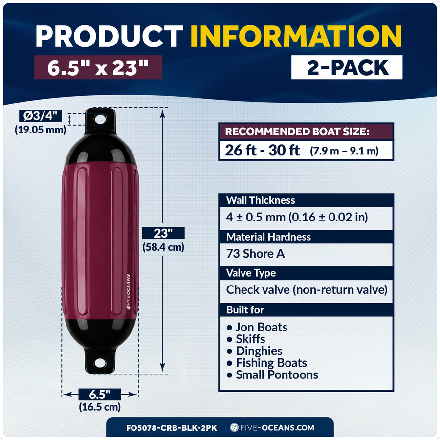 6.5" x 23" Inflatable Boat Fender, Marine-Grade PVC - Cranberry/Black, 2-Pack - Five Oceans