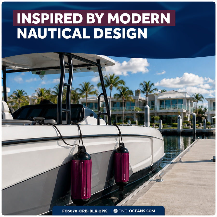 6.5" x 23" Inflatable Boat Fender, Marine-Grade PVC - Cranberry/Black, 2-Pack - Five Oceans