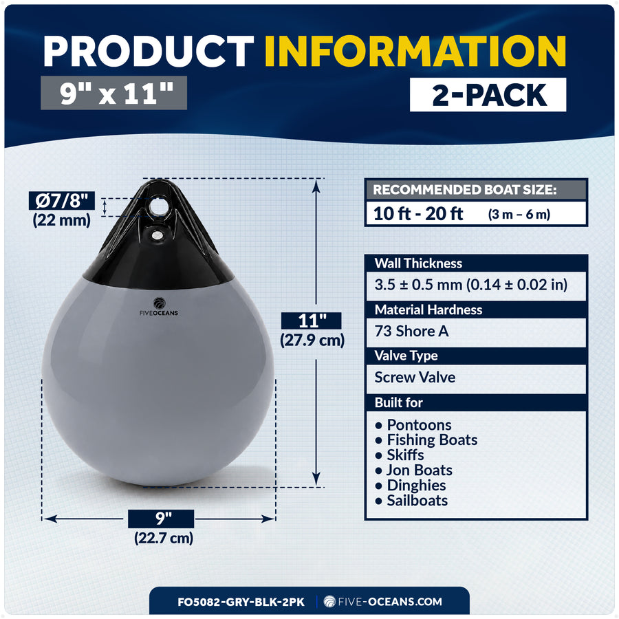 9" x 11" Inflatable Boat Buoy, Marine-Grade PVC - Gray/Black, 2-Pack - Five Oceans