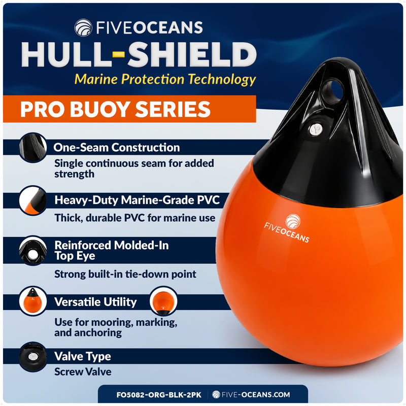 9" x 11" Inflatable Boat Buoy, Marine-Grade PVC - Orange/Black, 2-Pack