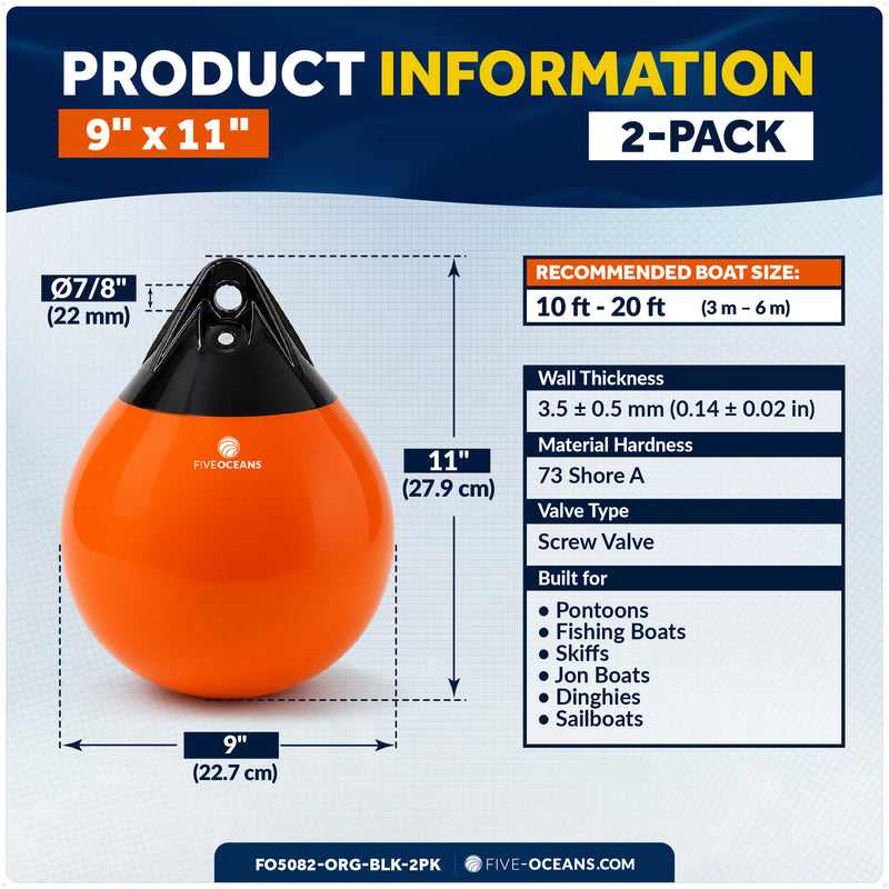 9" x 11" Inflatable Boat Buoy, Marine-Grade PVC - Orange/Black, 2-Pack