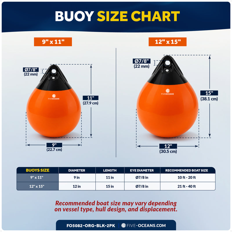 9" x 11" Inflatable Boat Buoy, Marine-Grade PVC - Orange/Black, 2-Pack