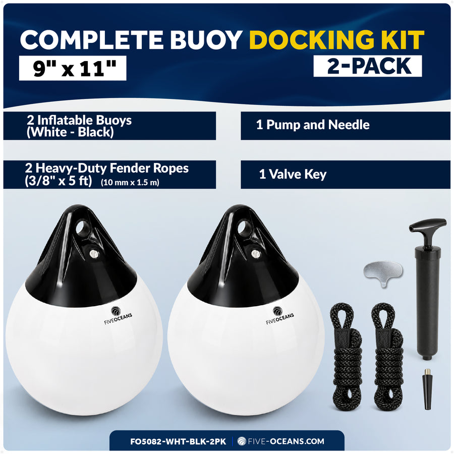 9" x 11" Inflatable Boat Buoy, Marine-Grade PVC - White/Black, 2-Pack - Five Oceans