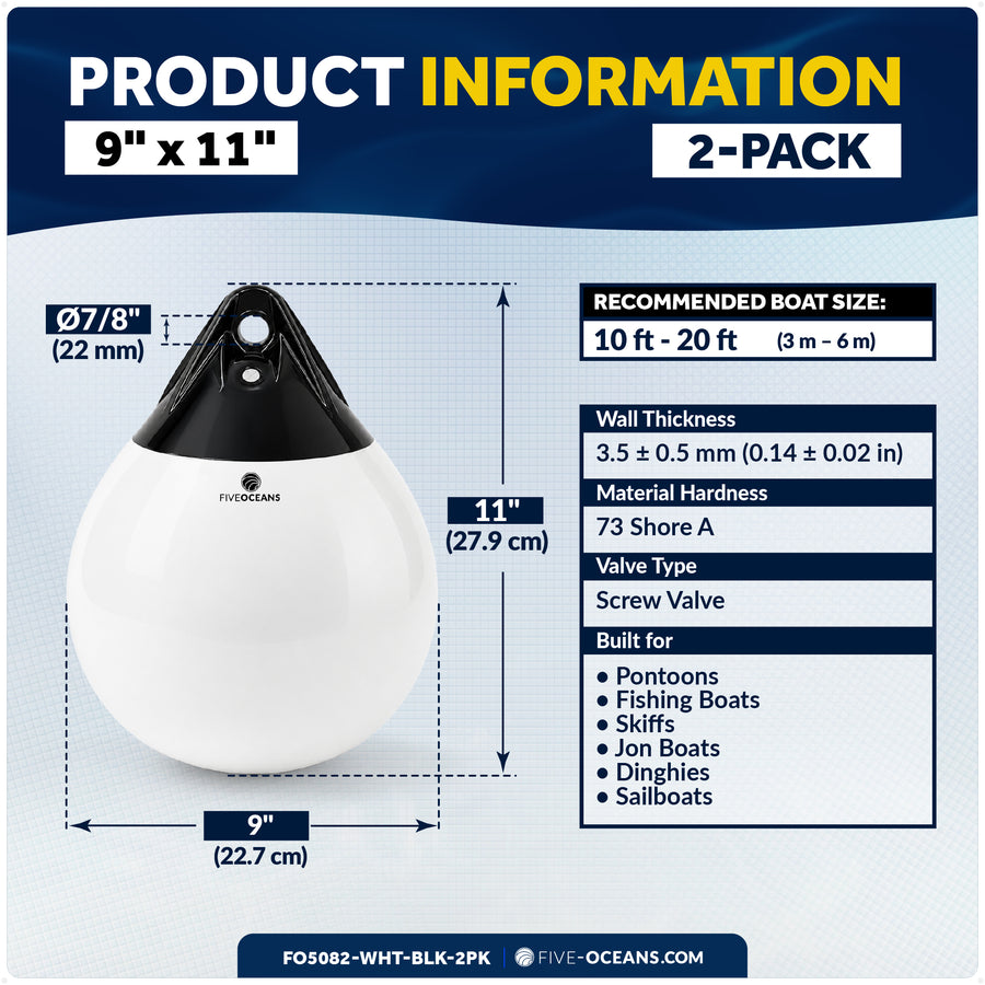 9" x 11" Inflatable Boat Buoy, Marine-Grade PVC - White/Black, 2-Pack - Five Oceans
