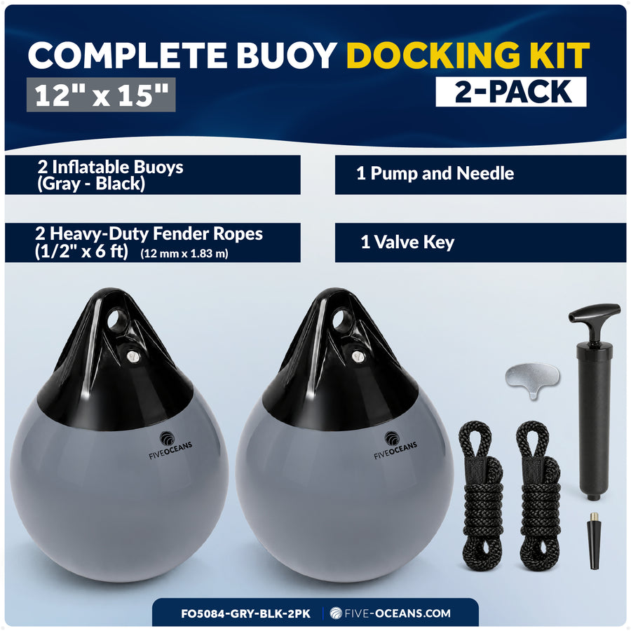 12" x 15" Inflatable Boat Buoy, Marine-Grade PVC - Gray/Black, 2-Pack - Five Oceans