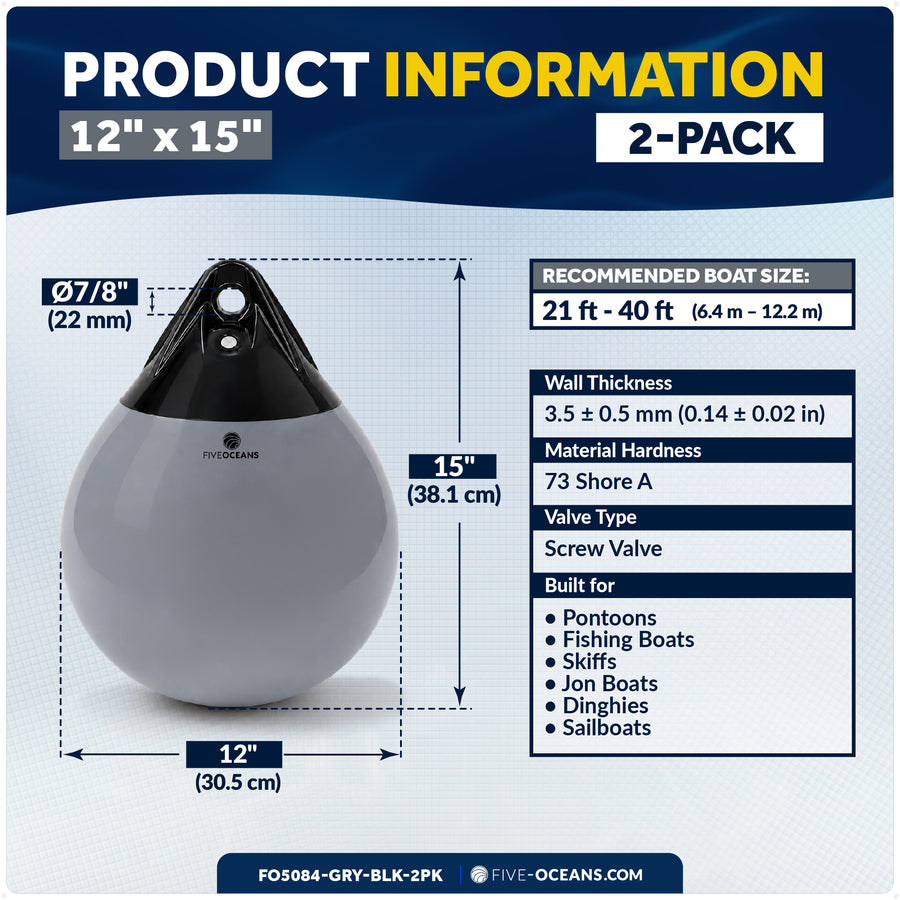 12" x 15" Inflatable Boat Buoy, Marine-Grade PVC - Gray/Black, 2-Pack - Five Oceans