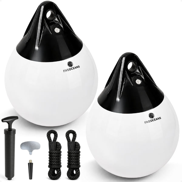 Inflatable Boat Buoy, Marine Vinyl – White/Black, 2-Pack - Pro Buoy Series - Five Oceans