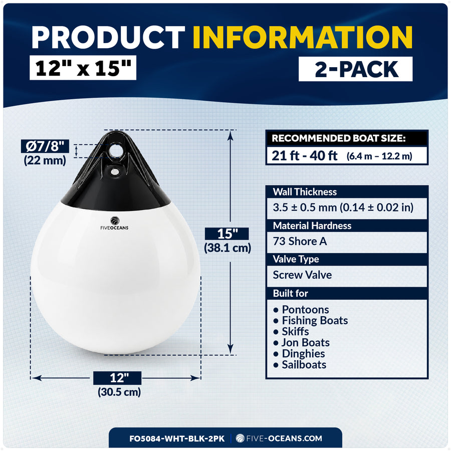 12" x 15" Inflatable Boat Buoy, Marine-Grade PVC - White/Black, 2-Pack - Five Oceans