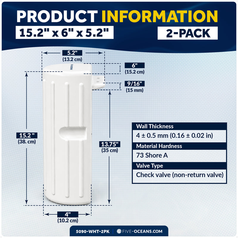15.2" x 6" x 5.2" Inflatable Side Dock Bumpers, Marine-Grade PVC - White, 2-Pack