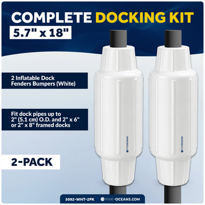 5.7" X 18" Inflatable Dock Post Bumpers, Fist 2" O.D. Pipes, Marine-Grade PVC - White, 2-Pack