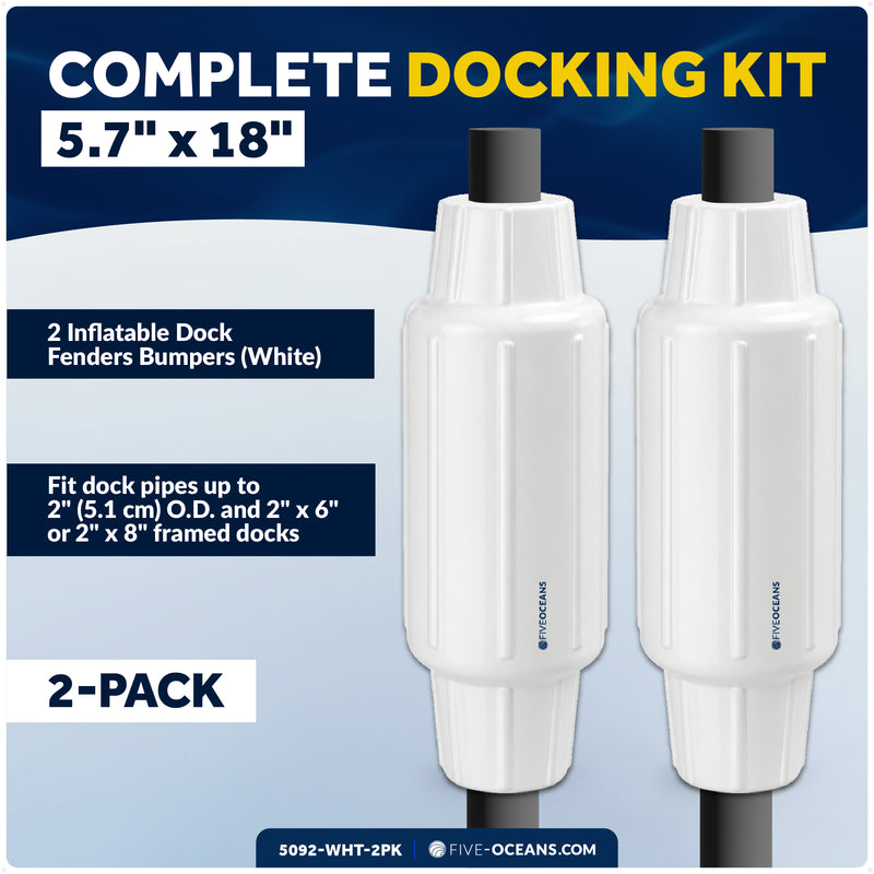 5.7" x 18" Inflatable Dock Post Bumpers, Fits 2" O.D. Pipes, Marine-Grade PVC - White, 2-Pack