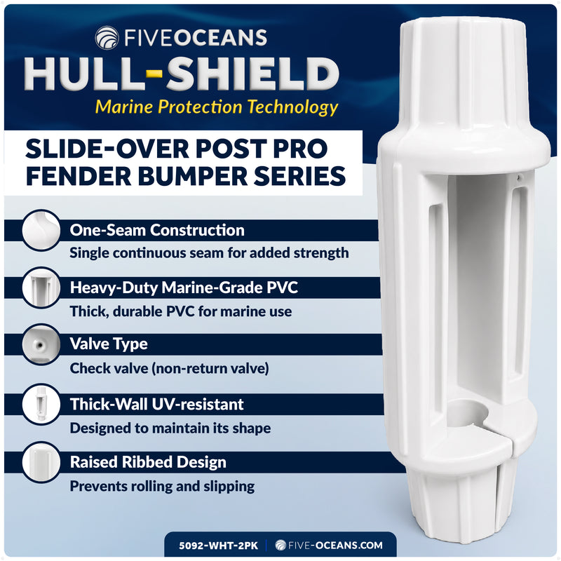 5.7" x 18" Inflatable Dock Post Bumpers, Fits 2" O.D. Pipes, Marine-Grade PVC - White, 2-Pack