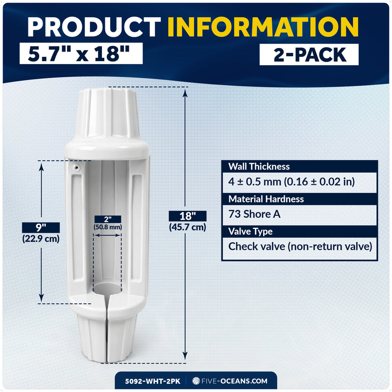 5.7" x 18" Inflatable Dock Post Bumpers, Fits 2" O.D. Pipes, Marine-Grade PVC - White, 2-Pack
